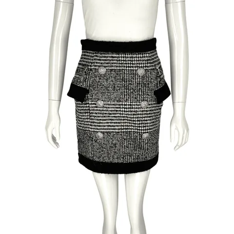 Balmain Black White Silver Button Wool Skirt 36 - 1