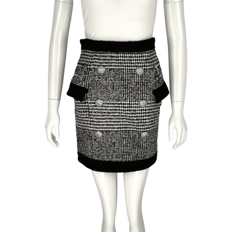 Balmain Black White Silver Button Wool Skirt 36 - 1