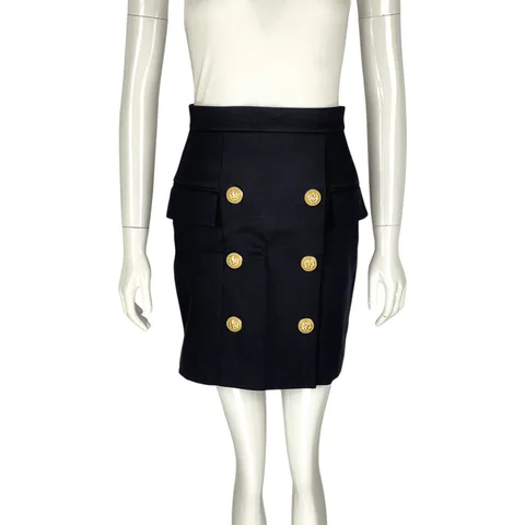 Balmain Navy  Blue Cotton Gold Button Skirt 36
