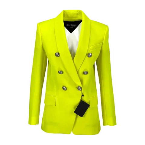 Balmain Neon Yellow Double Breasted Cotton Blazer Jacket 38 - 1