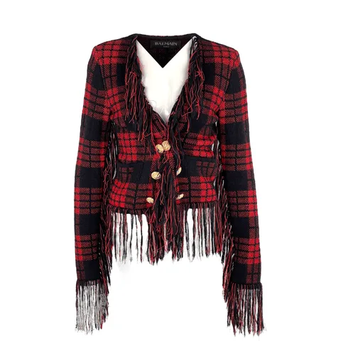 Balmain Red Black Plaid Wool Fringes Cardigan 36 - 1