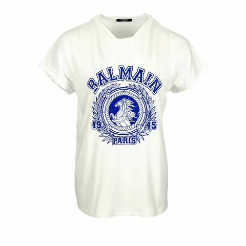 Balmain White Cotton Blue Flock Logo Print Tshirt S