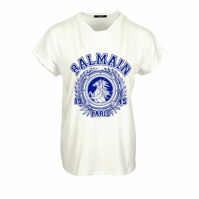 Balmain White Cotton Blue Flock Logo Print Tshirt S - 1