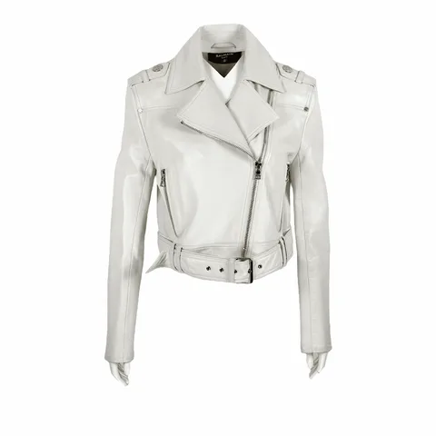 Balmain White Cropped Leather Biker Jacket 38 - 1