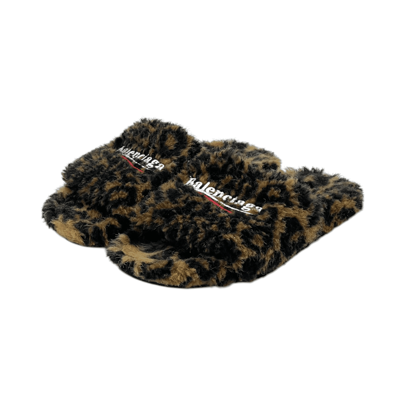 Balenciaga Brown Leopard Faux Fur Logo Slides 37 - 1