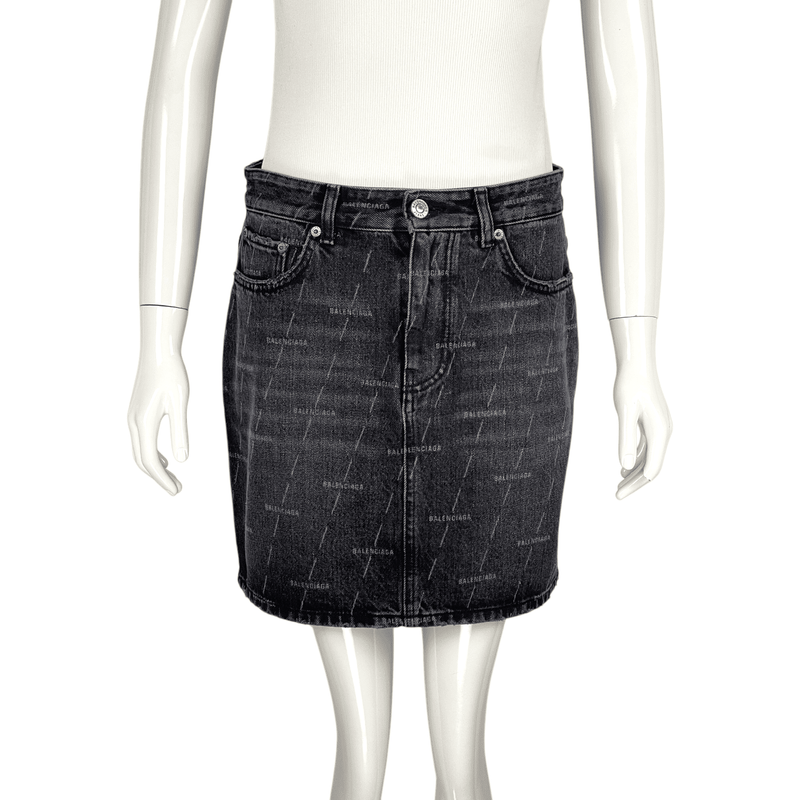 Balenciaga Denim All Over Logo Stone Wash Anthracite Skirt 38 - 1