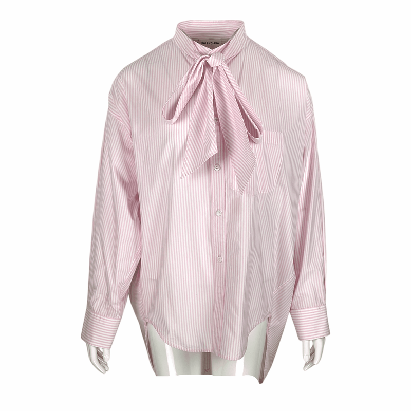 Balenciaga Pink White Striped Logo Print Poplin Shirt 34 - 1