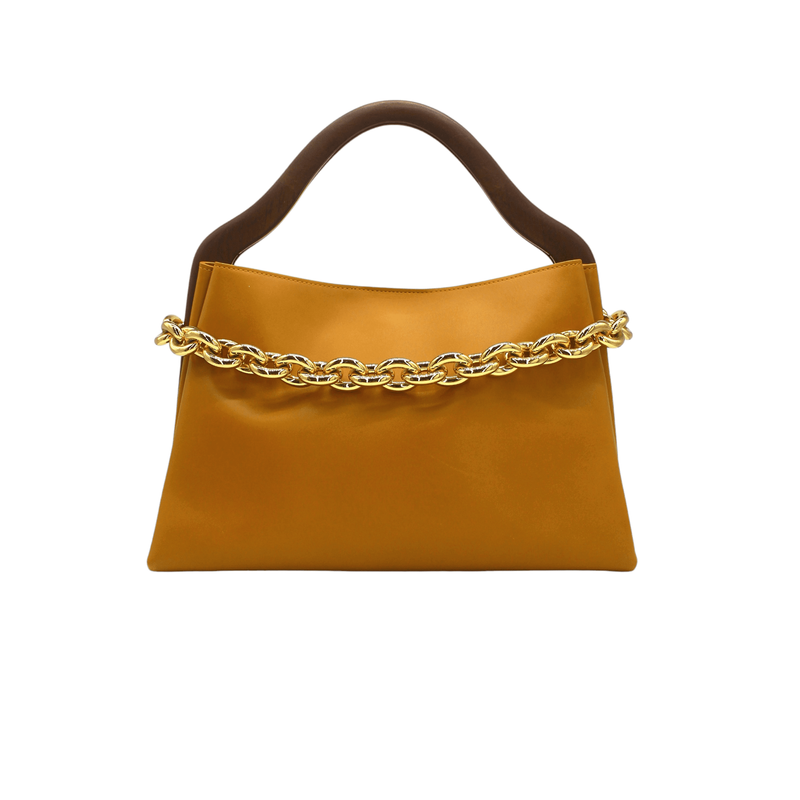 Bottega Veneta Mustard Leather Chain Embellished Wood Tote Bag - 1