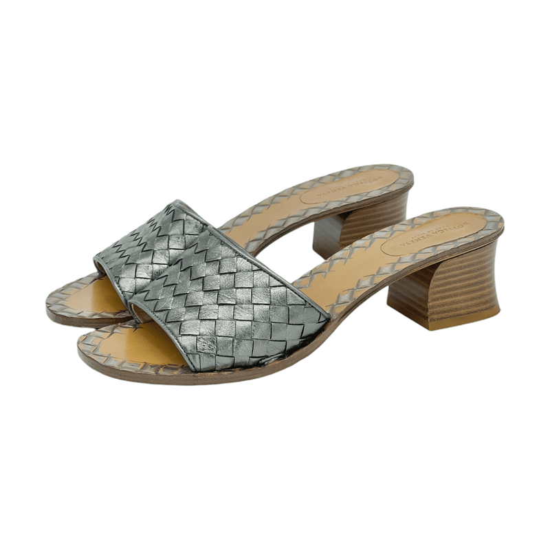 Bottega Veneta Metallic Grey Intrecciato Leather Ravello Slides 38 - 1