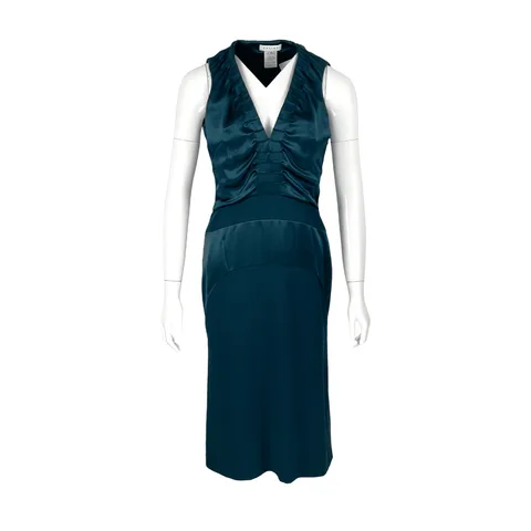 Celine Dark Green Sleeveless V Neck Acetate Knee Lenght Dress 38 - 1
