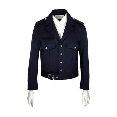 Celine Navy Blue Diagonal Wool Cropped Saharienne Jacket 36 - 1