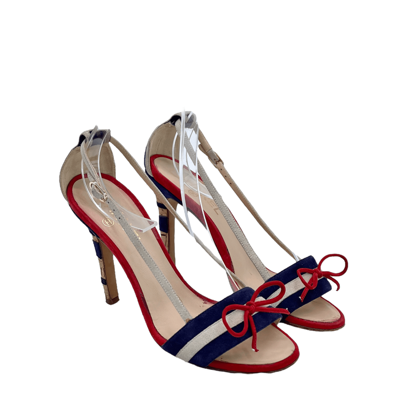 Chanel Tricolor Suede CC Bow Cork Heel Ankle Strap Sandals 38 - 3