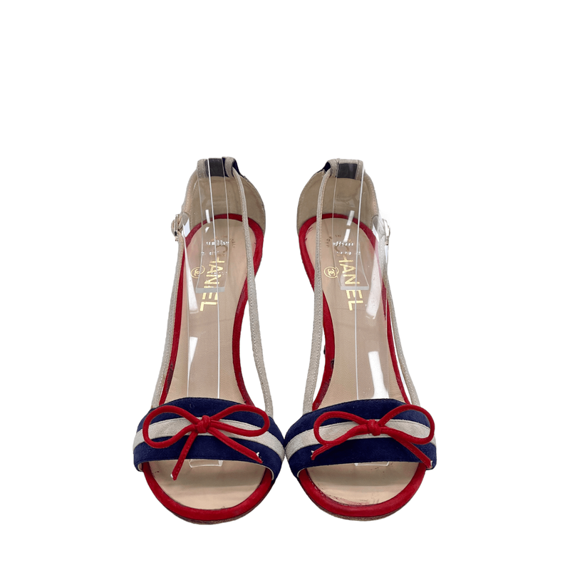 Chanel Tricolor Suede CC Bow Cork Heel Ankle Strap Sandals 38 - 2