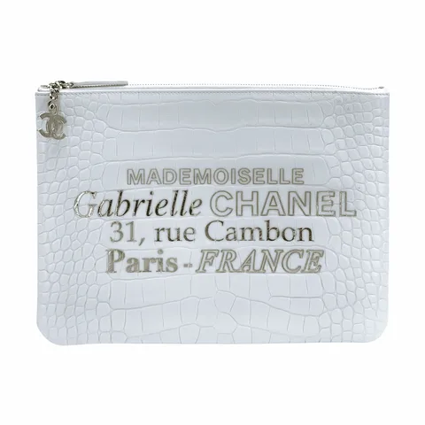 Chanel White Calfskin Crocodile Embossed Mademoiselle Signature Pouch