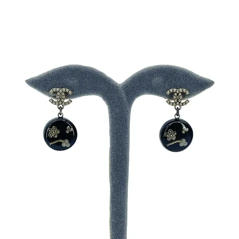 Chanel Beaded CC Black Flower Drop Earrings