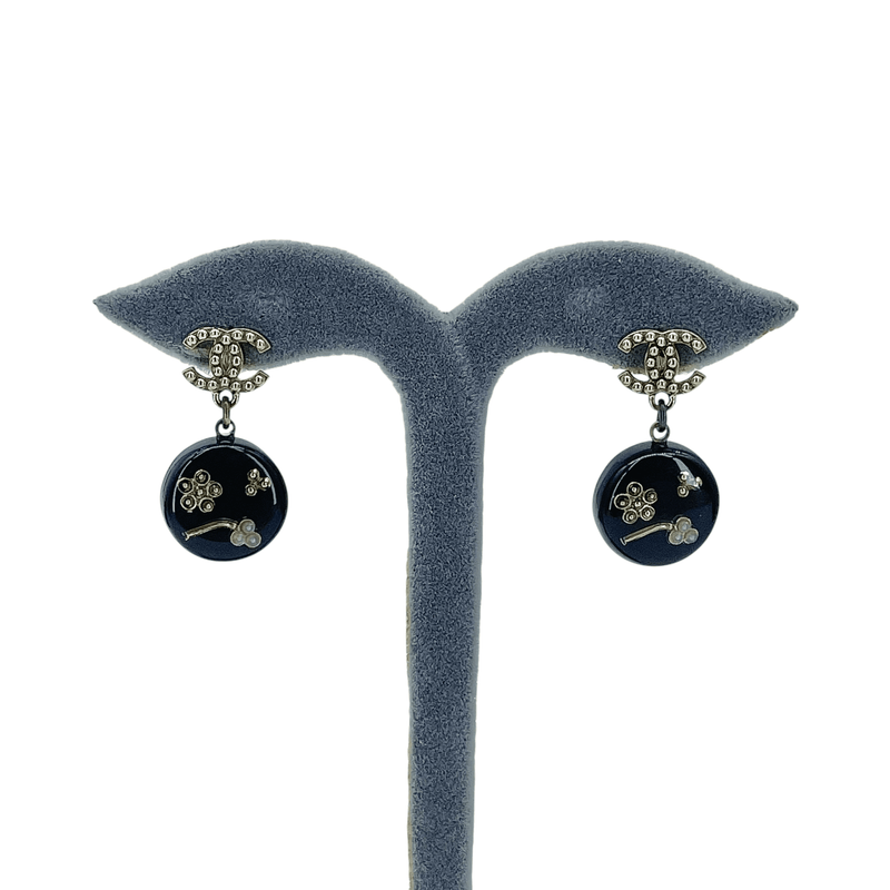 Chanel Beaded CC Black Flower Drop Earrings - 1