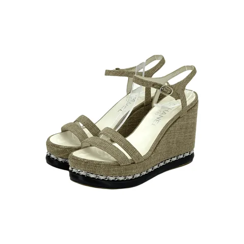 Chanel Beige Canvas Interlocking CC Logo Wedge Sandals 37