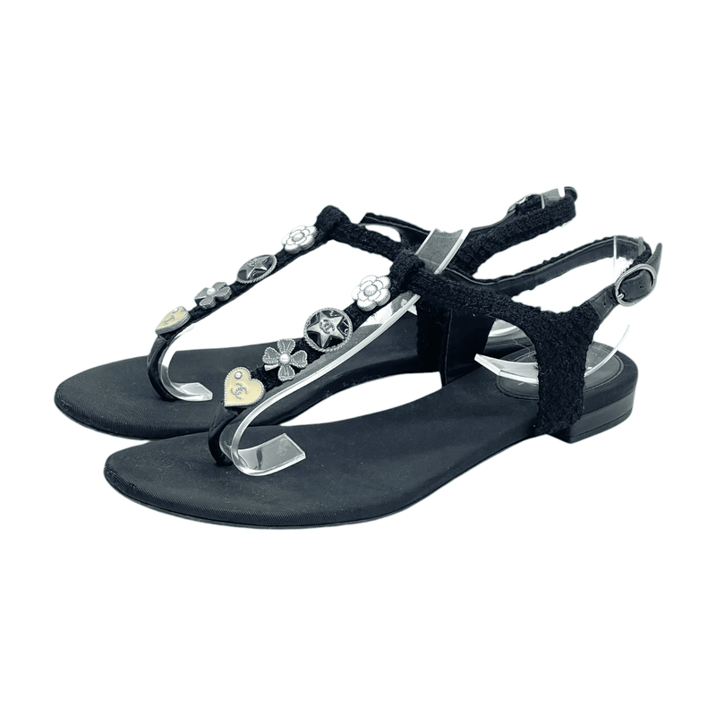 Chanel Black Tweed Strap CC Logo Charm Flat Thong Sandals 36.5C - 1