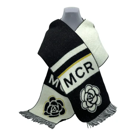 Chanel Black White Glitter Camellia Print Wool Scarf - 1