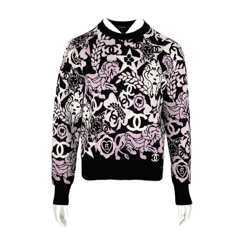 Chanel Black White Pink CC Cashmere Sweater 36 - 1