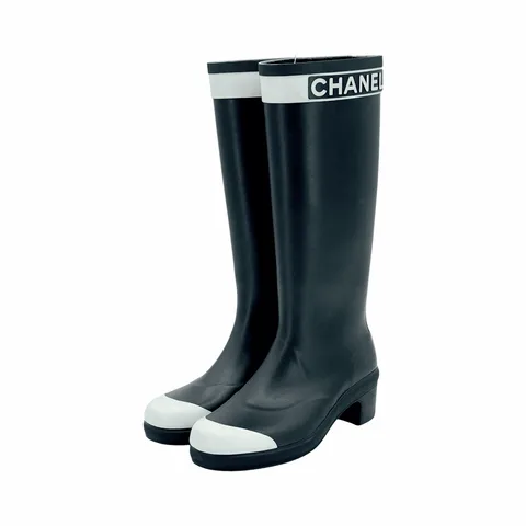 Chanel Black White Rubber Rain Boots 39 - 1