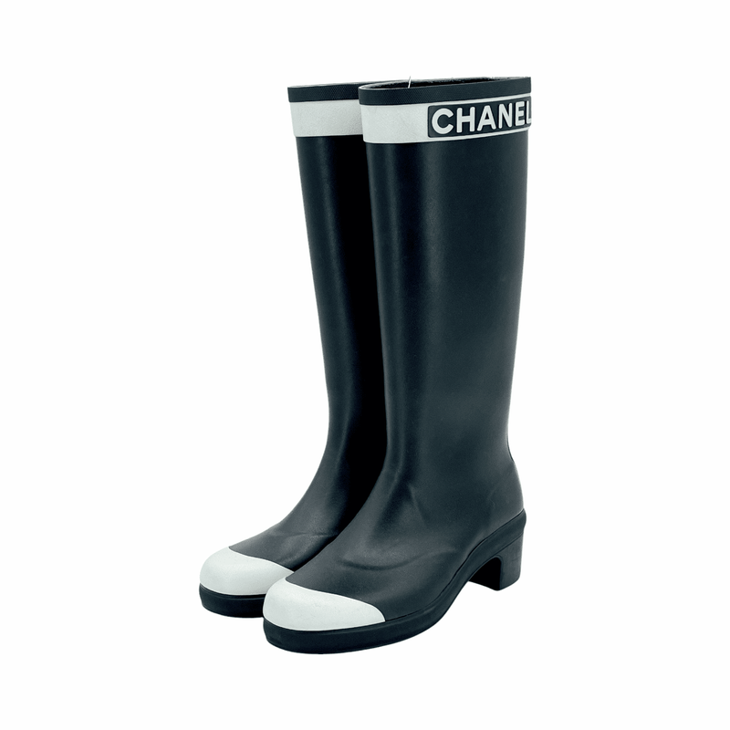 Chanel Black White Rubber Rain Boots 39 - 1