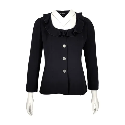 Chanel Black Wool Ruffle Collar 1999 Jacket 42