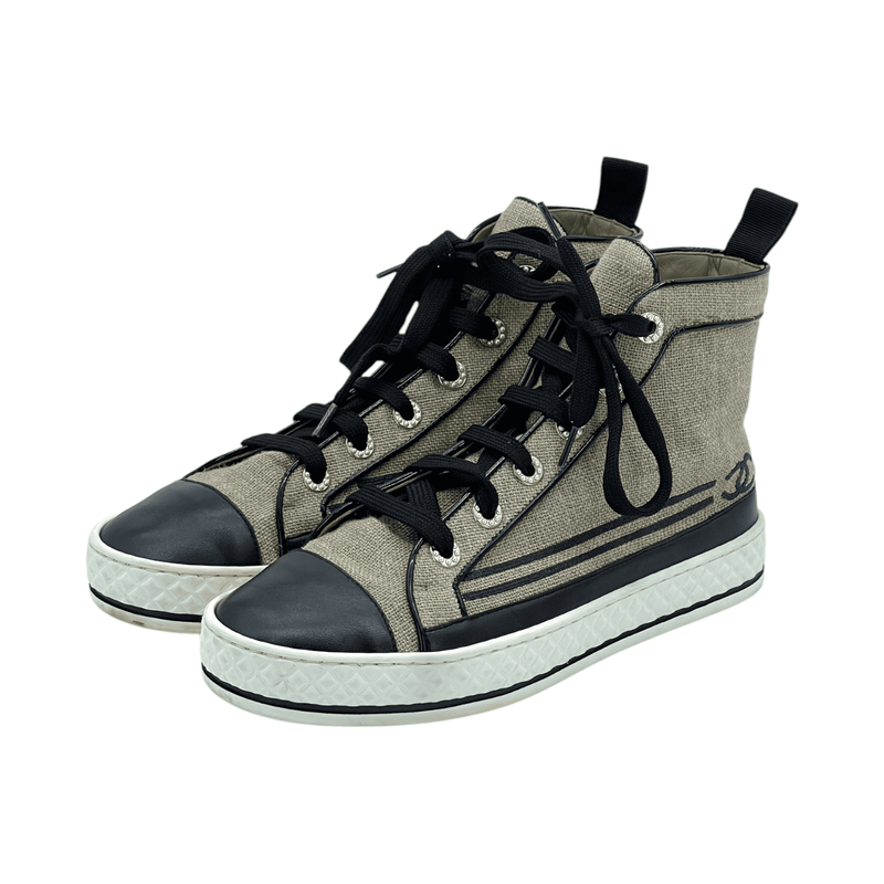 Chanel Black Beige Canvas Leather CC High Sneakers 37 - 1