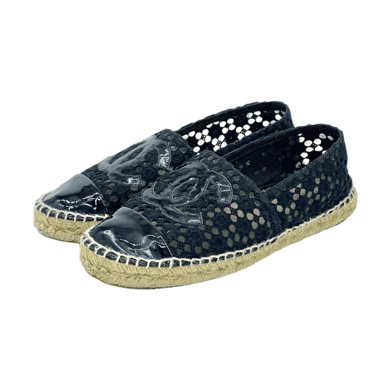 Chanel Black CC Patent Leather Trimmed Crochet Espadrilles 38 - 1