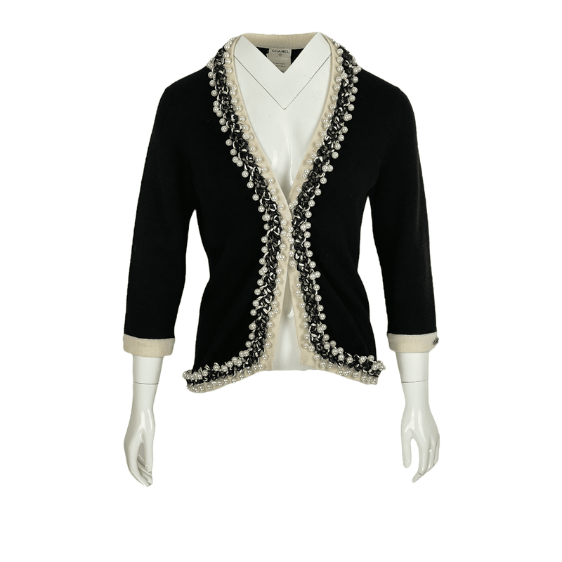 Chanel Black Ecru Cashmere Pearl Embellished 2010 Cardigan 40 - 1