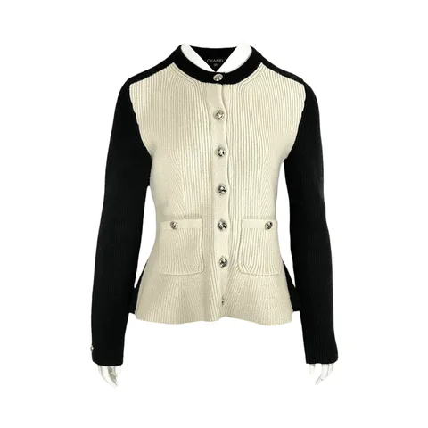 Chanel Black Ecru Colorblock Pattern Knitwool 2020 Cardigan 38