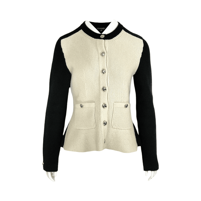 Chanel Black Ecru Colorblock Pattern Knitwool 2020 Cardigan 38 - 1