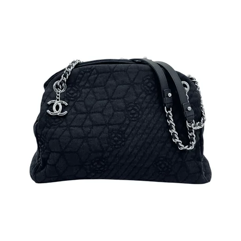 Chanel Black Just Mademoiselle Camellia Denim Medium Bag