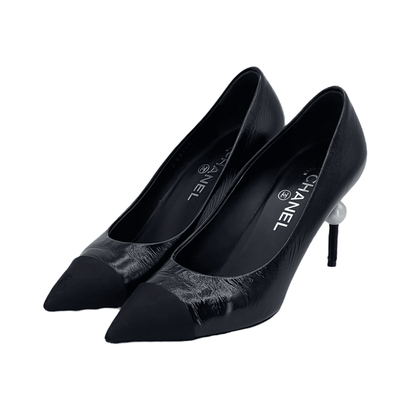 Chanel Black Leather Cap Toe Fabric Pearl Embellished Pumps 38.5 - 1