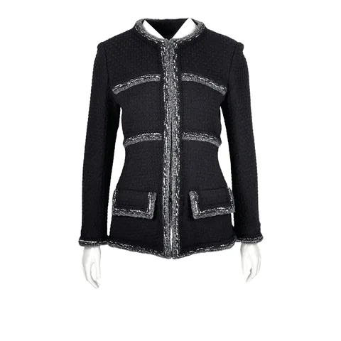 Chanel Black Navy Blue Grey Tweed Jacket 38 - 1