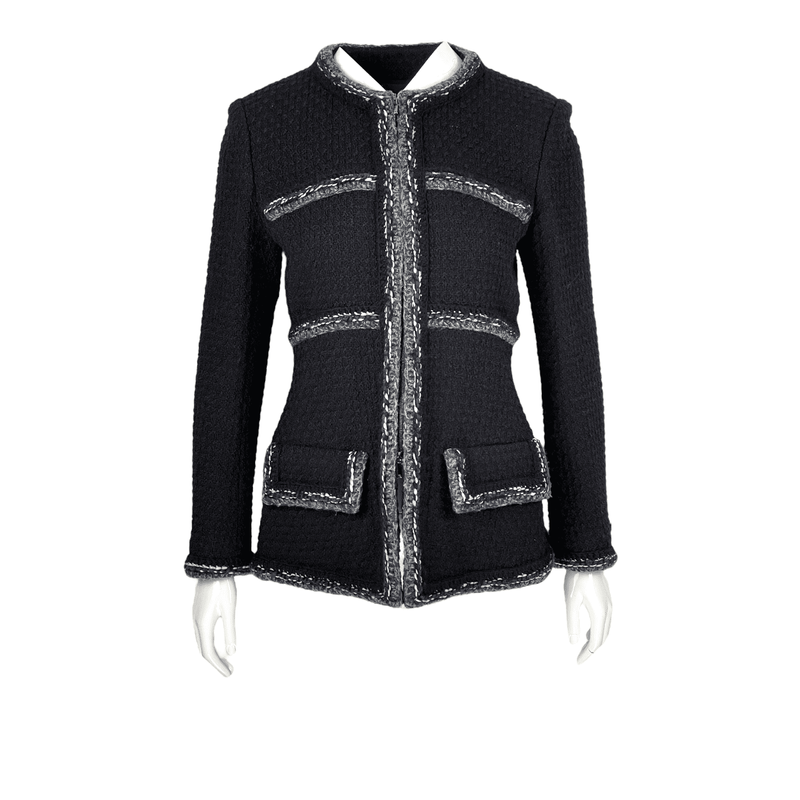 Chanel Black Navy Blue Grey Tweed Jacket 38 - 1