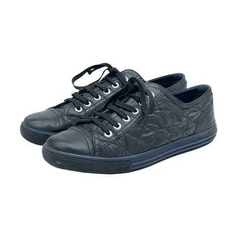Chanel Black Navy Blue Nylon Calfskin Quilted CC Sneakers 37.5 - 1