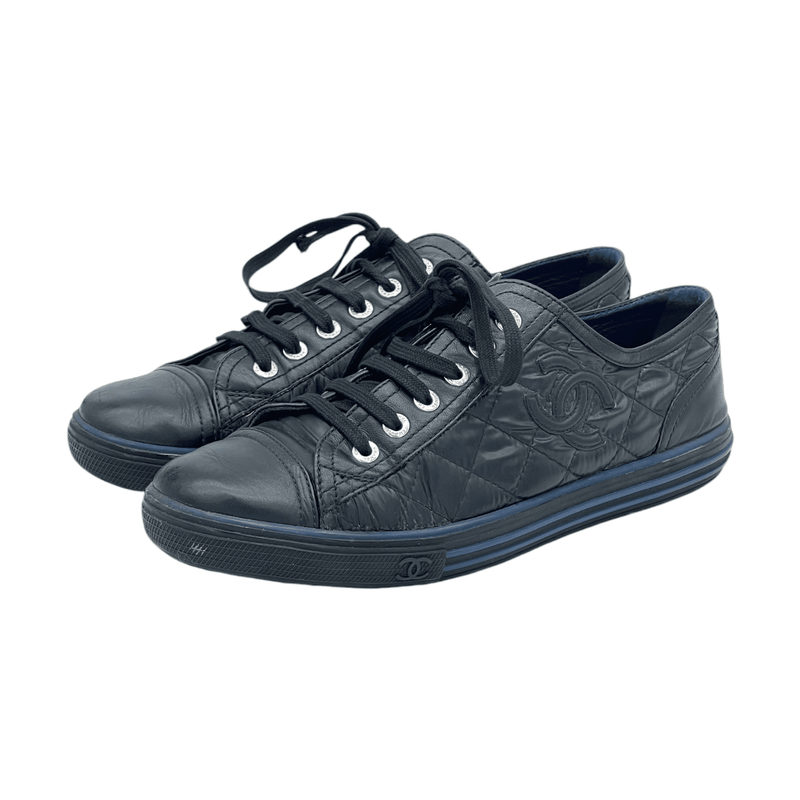 Chanel Black Navy Blue Nylon Calfskin Quilted CC Sneakers 37.5 - 1