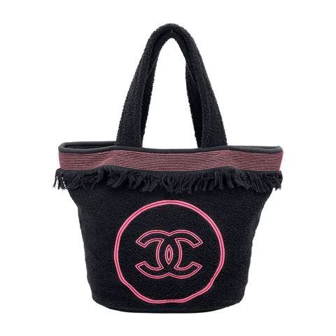 Chanel Black Neon Pink CC Logo Terry Cloth Beach Tote Bag - 1