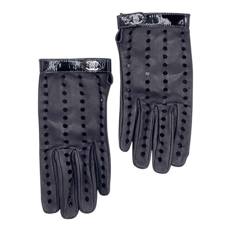 Chanel Black Perforated Leather Gloves 8 - 1
