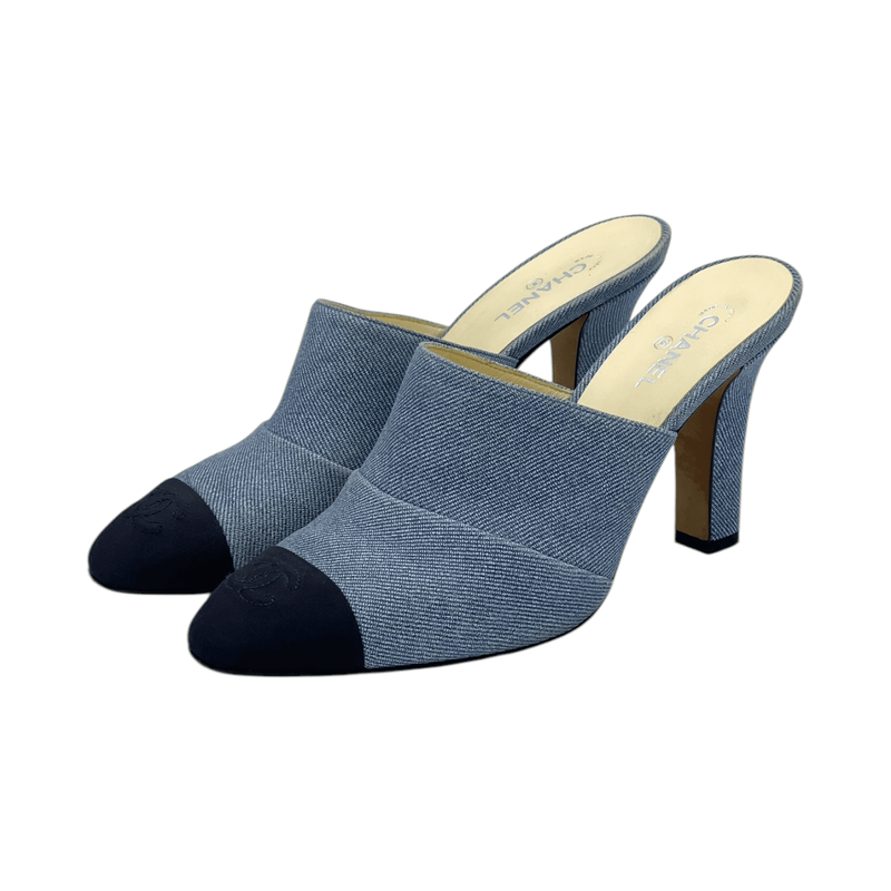 Chanel Blue Black Denim Fabric CC Cap Toe Mules 38.5 - 1