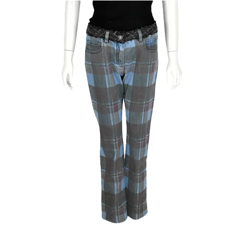 Chanel Blue Green Plaid 2013 Runway Denim Pant 40 - 1