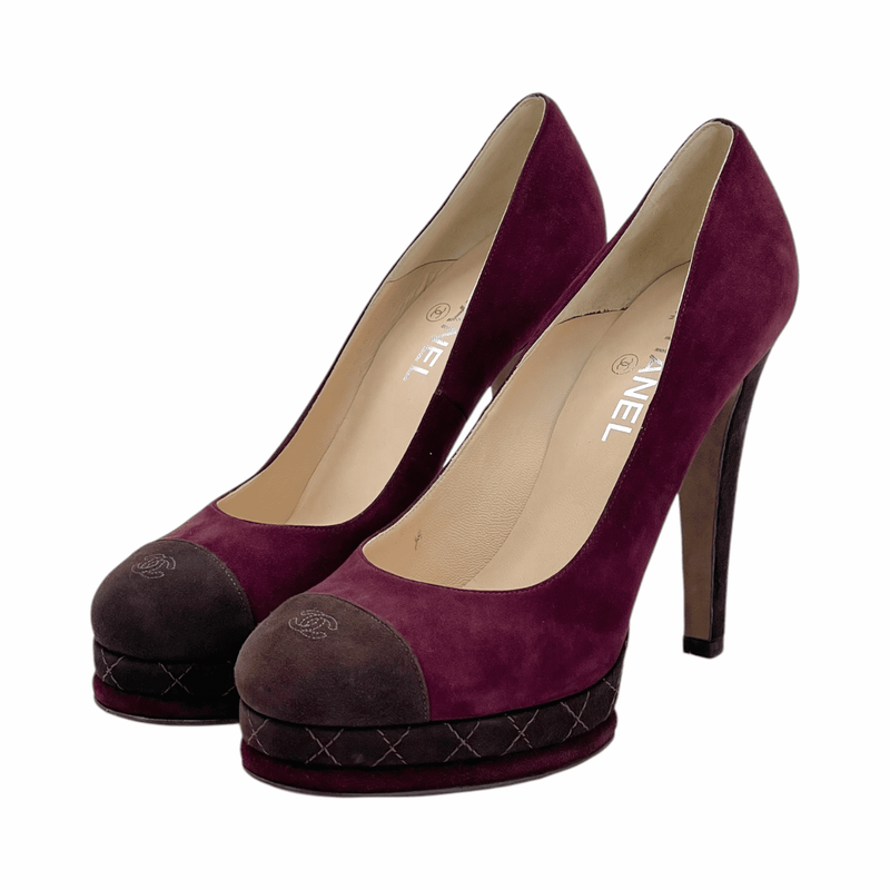 Chanel Burgundy Brown Suede Cap Toe CC Logo Platform Pumps 40.5 - 1