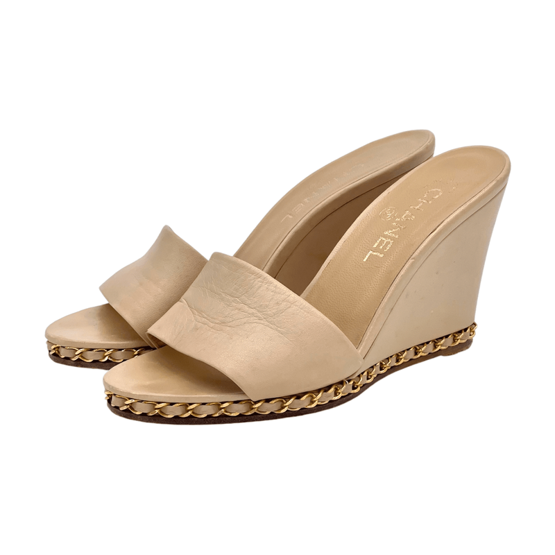 Chanel CC Chain Trim Cream Wedges 38 - 1