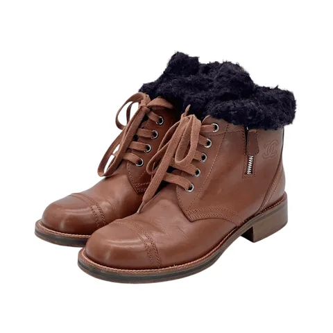 Chanel CC Logo Knit Trimmed Light Brown Combat Boots 37 - 1