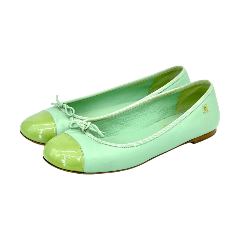 Chanel CC Logo Light Green Leather Cap Toe Flats 36.5 - 1