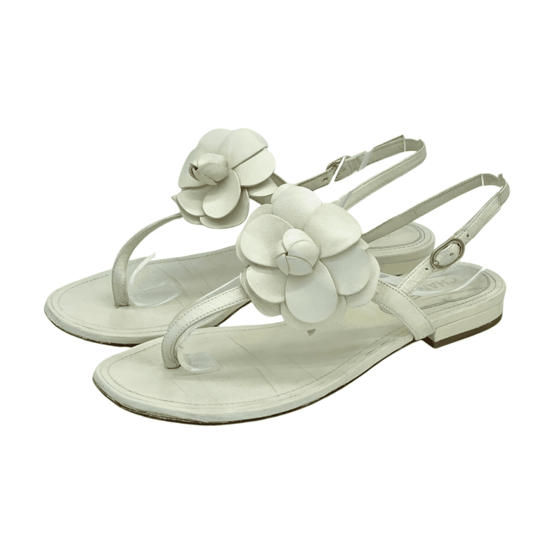 Chanel Ecru Leather Camellia Thong Sandals 36.5 - 1