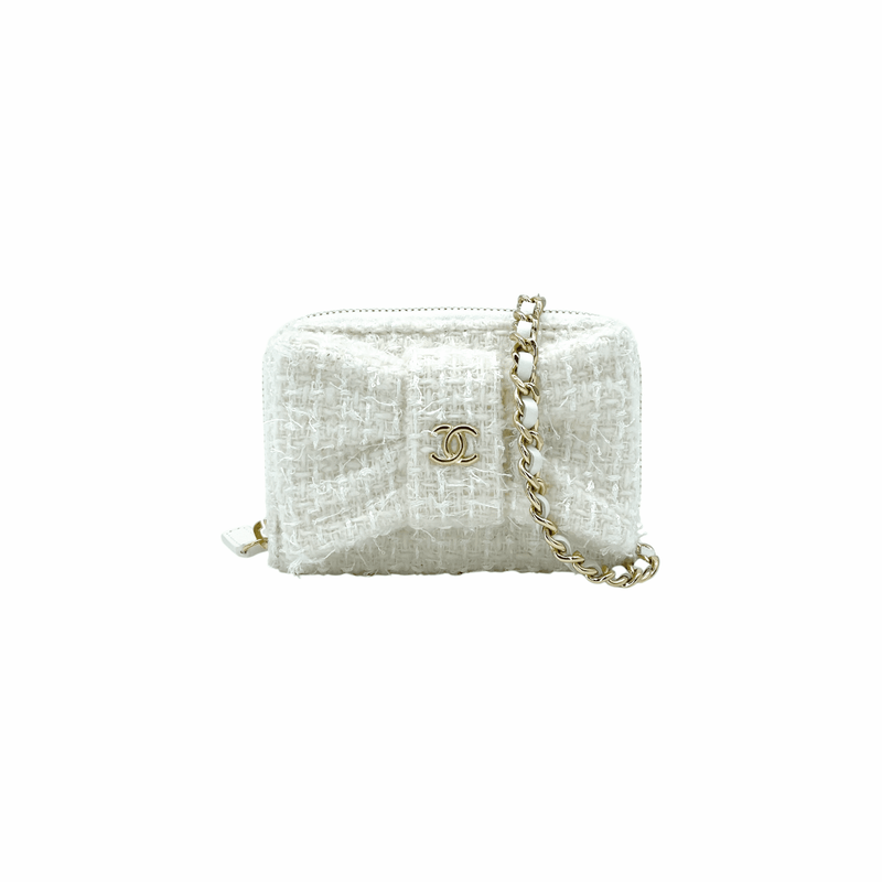 Chanel Ecru Tweed Quilted Bow Flap Card Holder On Chain - 1