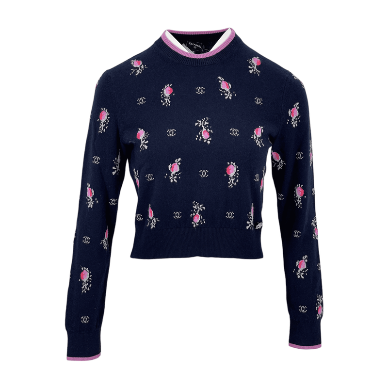 Chanel Flower CC Logo Cashmere Long Sleeve Navy Blue Pink 2022 Pullover 36 - 1