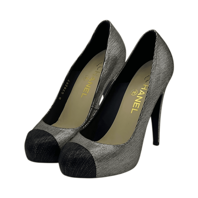 Chanel Gold Glitter Cap Toe Black Platform Pumps 37 - 1